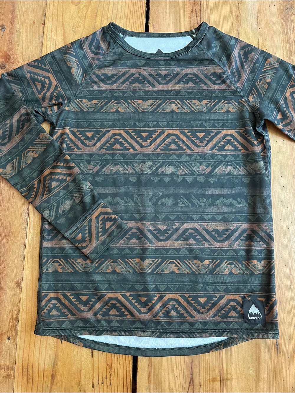 BURTON Kids M (10-12) Green / Peach Printed Baselayer Top Unisex Long Sleeve
